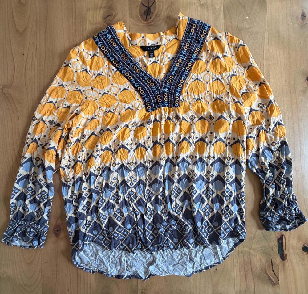 Tribal Geometric Print Embroidered V-Neck Rayon Blouse Yellow Blue XL